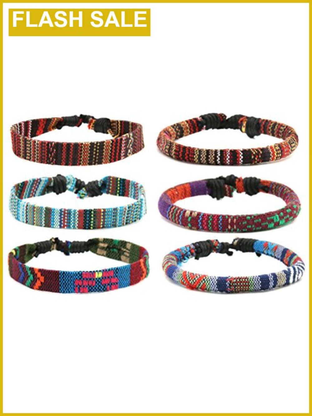 Set of 6 Hemp Wrap Bracelets Adjustable Bohemian Tribal Wristbands Unisex